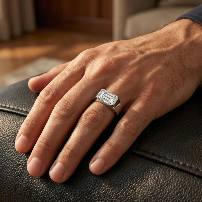 Certified 3Ct Men's Emerald Cut Half Bezel Diamond Ring 14k Gold or Pt Lab Grown