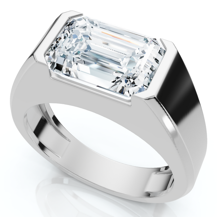 Certified 3Ct Men's Emerald Cut Half Bezel Diamond Ring 14k Gold or Pt Lab Grown