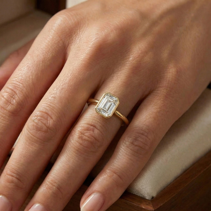 3Ct Emerald Cut Bezel Solitaire Diamond Engagement Ring 14k Gold or Pt Lab Grown