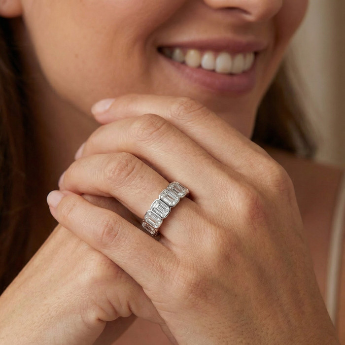 8Ct Emerald Cut Bezel Diamond Eternity Band 14k Gold/Pt Wedding Ring Lab Grown