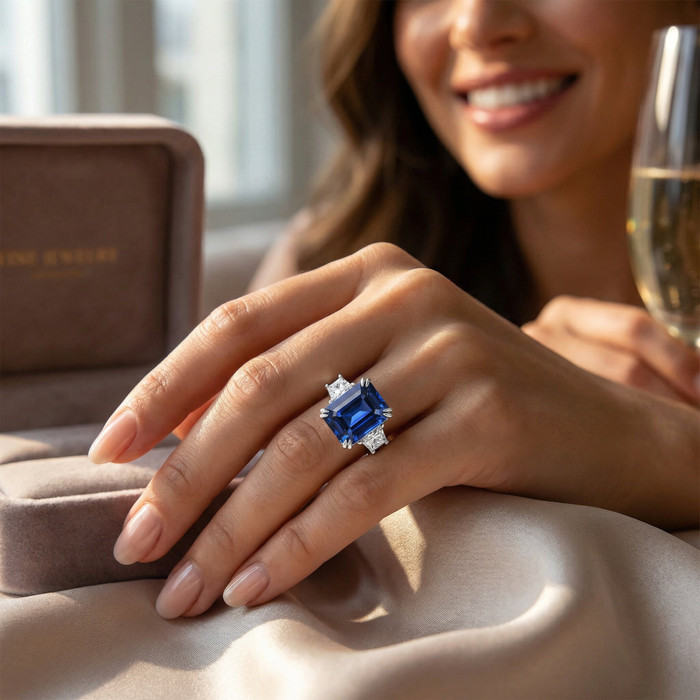 6Ct Blue Sapphire & Diamond Anniversary Engagement Ring 14k White Gold Lab Grown