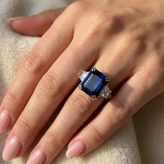 6Ct Blue Sapphire & Diamond Anniversary Engagement Ring 14k White Gold Lab Grown