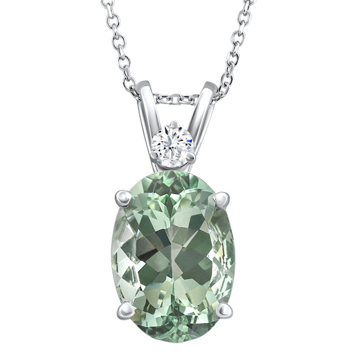 Oval Green Amethyst Diamond Pendant Women's Necklace 18" White Gold
