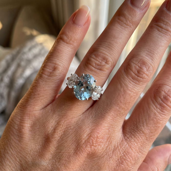 5.80Ct TW Aquamarine & Oval Diamond Ring 14k White Gold Lab Grown