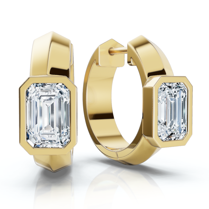 1 1/3Ct Emerald Cut Brava Bezel Diamond Hoops 5/8" Huggies 14k Gold Lab Grown