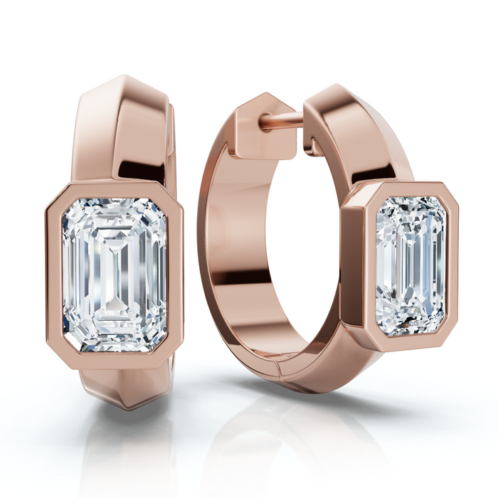 1 1/3Ct Emerald Cut Brava Bezel Diamond Hoops 5/8" Huggies 14k Gold Lab Grown