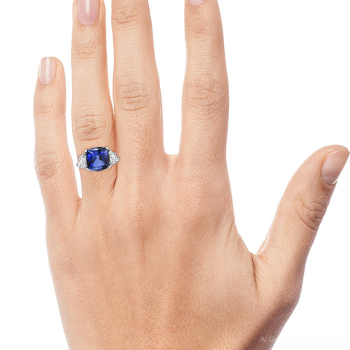 8.50Ct TW Cushion Blue Sapphire & Diamond 3-Stone Ring 14k White Gold Lab Grown