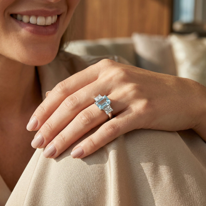 4.19Ct Aquamarine & Radiant Cut Diamond Ring 14k White Gold Lab Grown