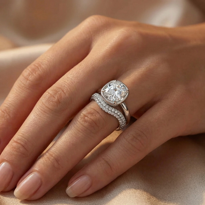 Certified 4 1/2Ct Cushion Pave Andrea Engagement Wedding Ring Set Gold Lab Grown