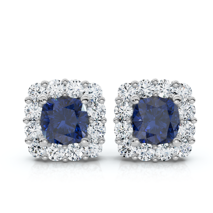 1 1/2Ct Blue Sapphire & Diamond Cushion Halo Studs 14k Gold Earrings Lab Grown