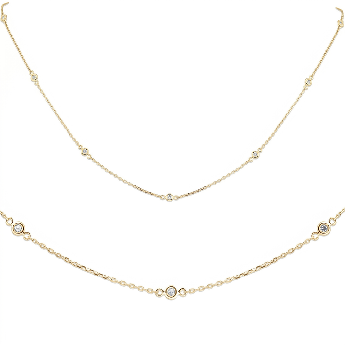 1/4ct Floating Bezel Station Diamiond Necklace 18" 14K Yellow Gold