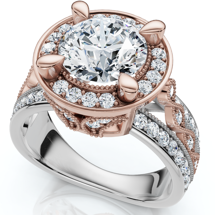 Vintage Filigree Diamond Halo Engagement Ring 14k Two-Tone Gold