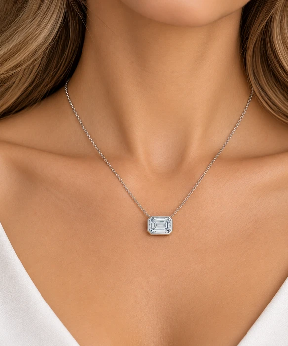 2Ct Solitaire Bezel Emerald Diamond East West Pendant 14k Gold Necklace Lab Grown