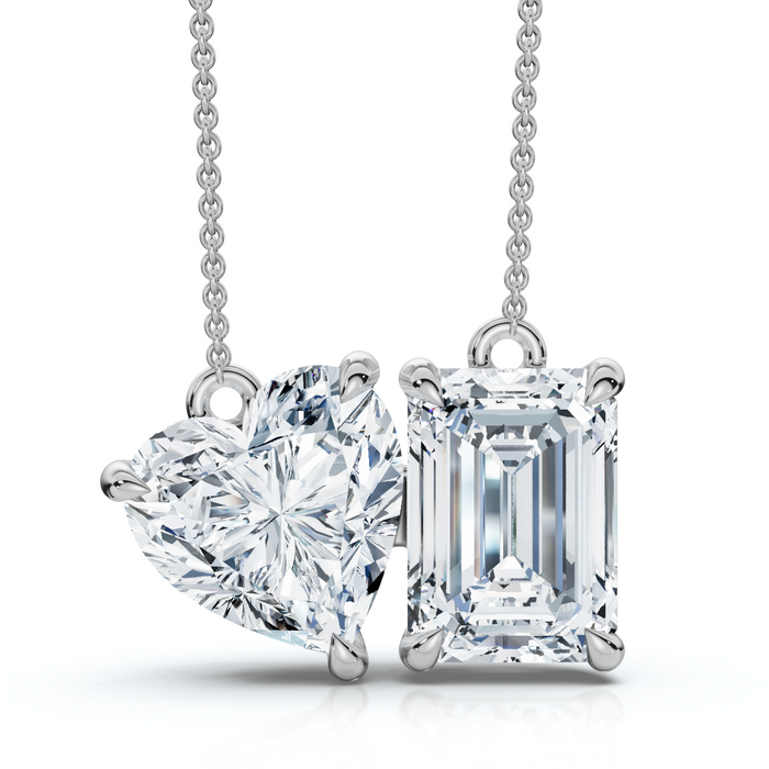 2Ct TW Toi et Moi Heart and Emerald Diamond Pendant 14k Gold 18" Chain Lab Grown