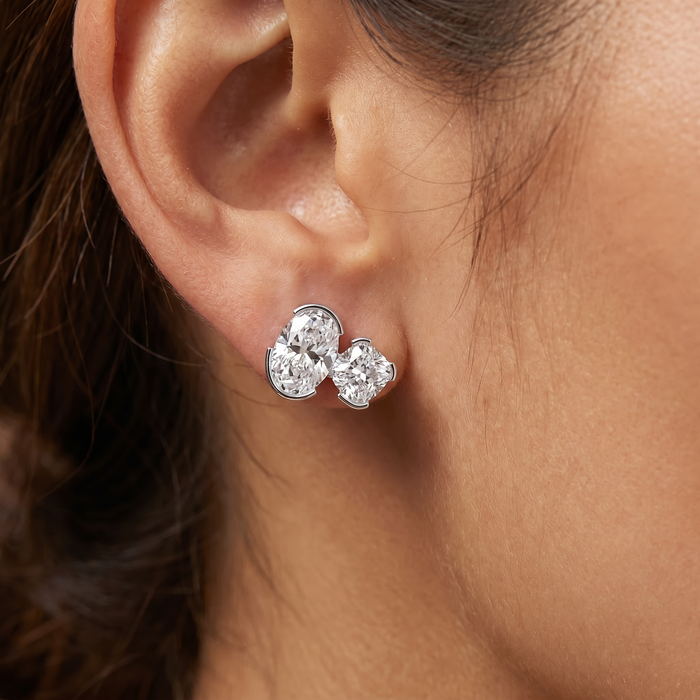 2Ct Toi et Moi Diamond Studs Oval and Round Earrings 14k Gold Lab Grown EF VS