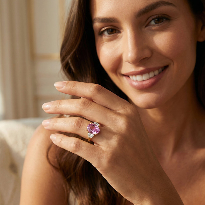 4.89Ct Pink Sapphire & Half Moon Diamond Ring 14k Yellow Gold Lab Grown