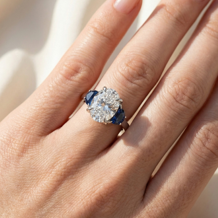 Certified 4.70Ct Oval Diamond & Blue Sapphire Ring 14k White Gold Lab Grown