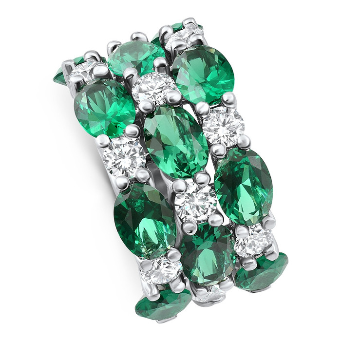 9Ct Emerald & Diamond Multi Row Diamond Anniversary Ring 14k Gold Lab Grown