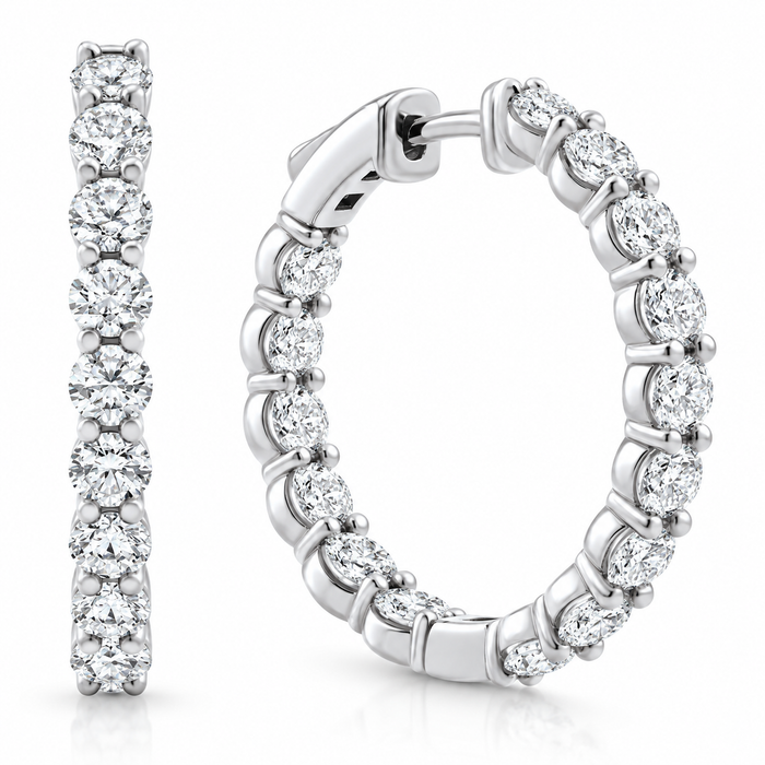 3Ct Diamond Lab Grown Inside Outside Hoops 14k Gold Eearrings 1" Tall