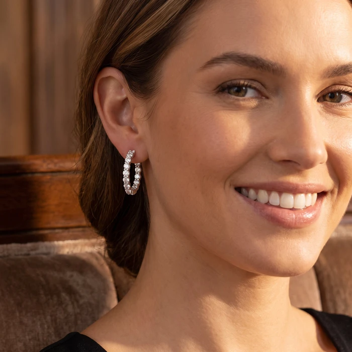 3Ct Diamond Lab Grown Inside Outside Hoops 14k Gold Eearrings 1" Tall