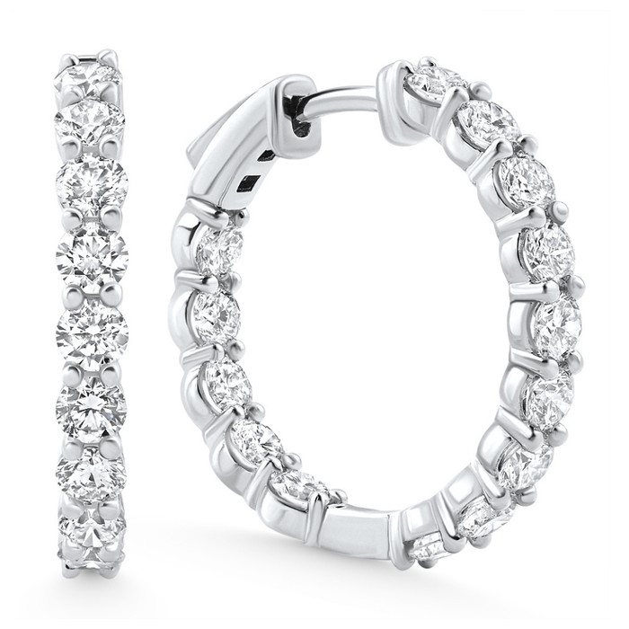 3Ct Diamond Lab Grown Inside Outside Hoops 14k Gold Eearrings 1" Tall