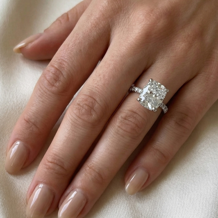 Certified 3 1/2Ct Cushion Hidden Halo Diamond Engagement Ring 14k Gold Lab Grown