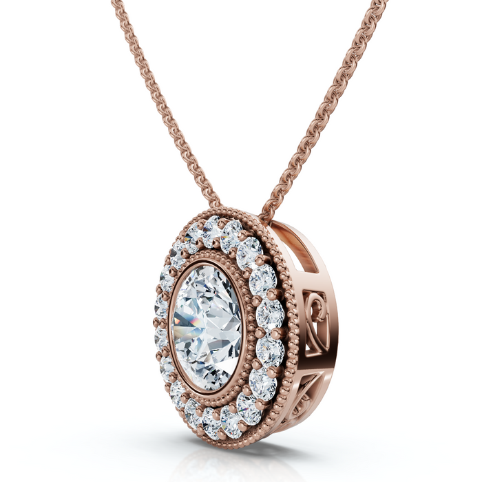 1Ct Beverly Diamond Halo Bezel Pendant 14k Gold 18" Necklace Lab Grown