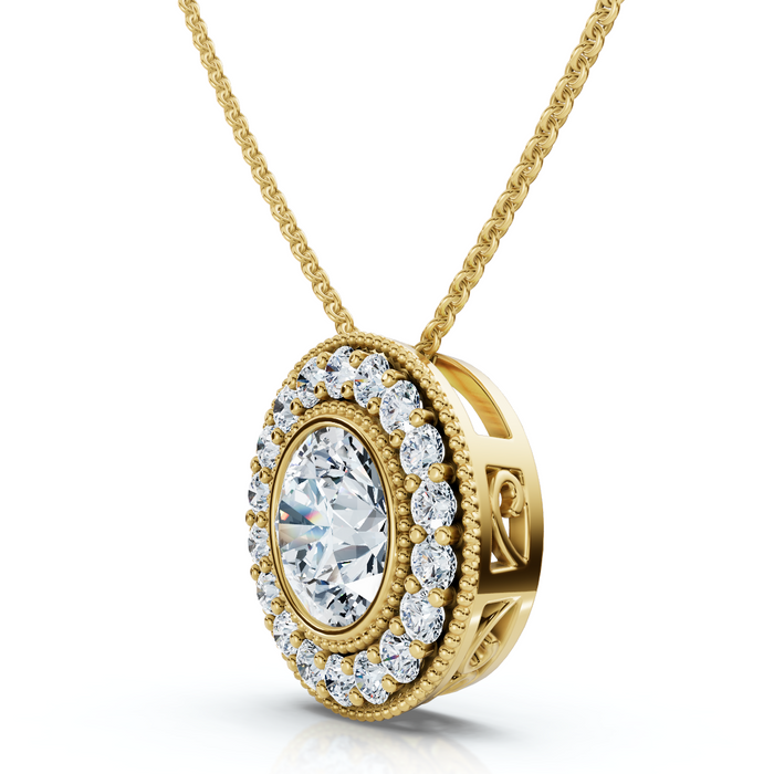 1Ct Beverly Diamond Halo Bezel Pendant 14k Gold 18" Necklace Lab Grown