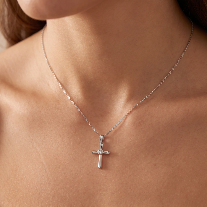 Diamond Solitaire Lab Grown Cross 10k Gold Necklace 3/4" Tall Pendant
