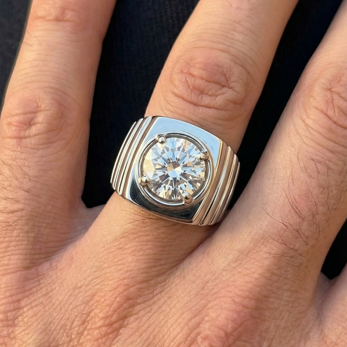 Men's 2Ct Certified Ridged Solitaire Ring Gold Lab Grown