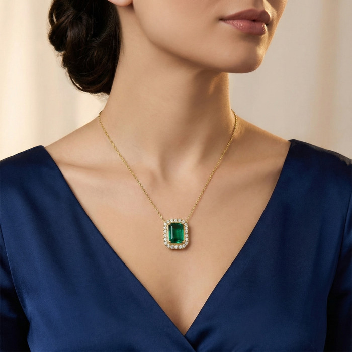 7 1/2Ct Emerald & Diamond Pendant Gold 3/4" Tall 18" Necklace