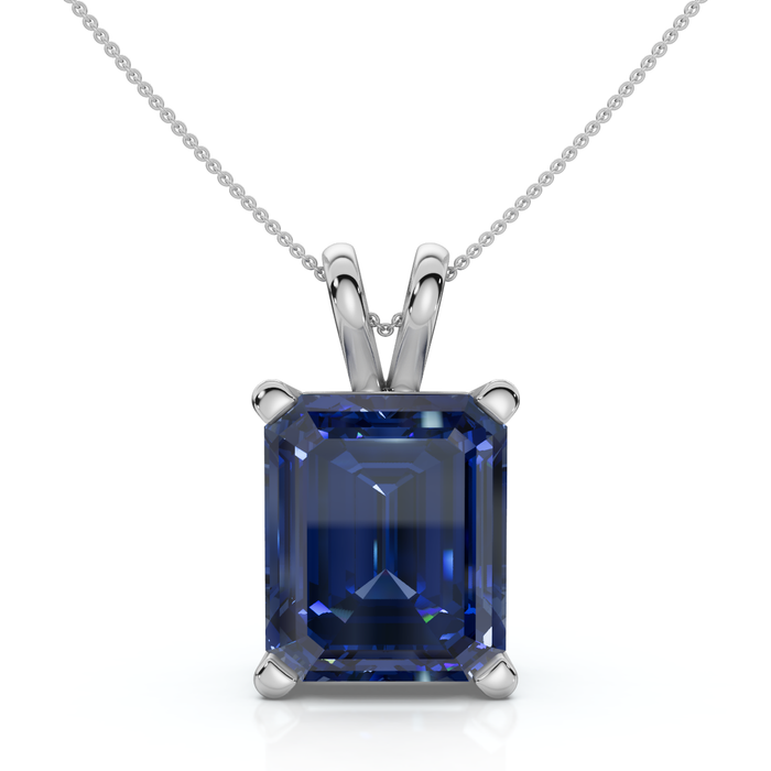 8Ct Emerald Cut Blue Sapphire Pendant 14k Gold 18" Necklace 1/2" Tall Lab Grown