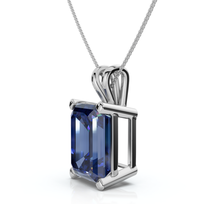 8Ct Emerald Cut Blue Sapphire Pendant 14k Gold 18" Necklace 1/2" Tall Lab Grown