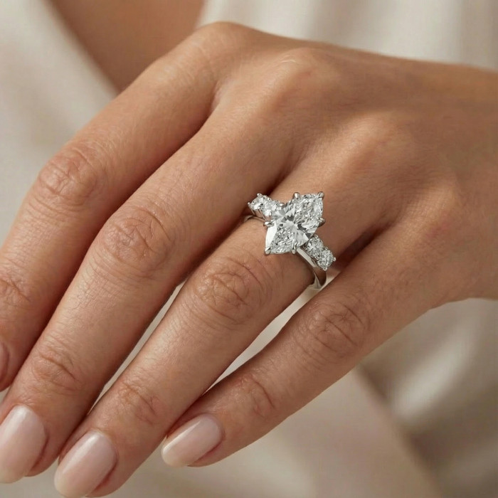 Certified 3 1/2Ct Marquise Diamond Montauk Engagement Ring 14k Gold Lab Grown