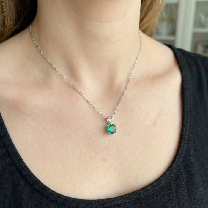 2.70Ct Round Green Emerald Solitaire Pendant 14k Gold 18" Necklace Lab Grown 9MM