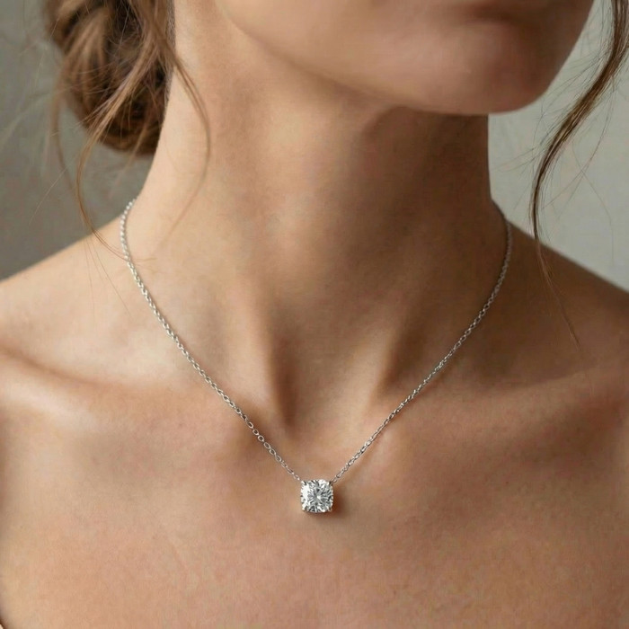 1Ct Cushion Solitaire Diamond Pendant 14k Gold 18" Necklace Lab Grown