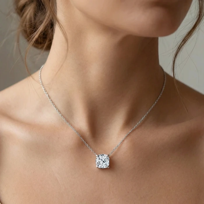 Certified 3Ct Cushion Solitaire Diamond Pendant 14k Gold 18" Necklace Lab Grown