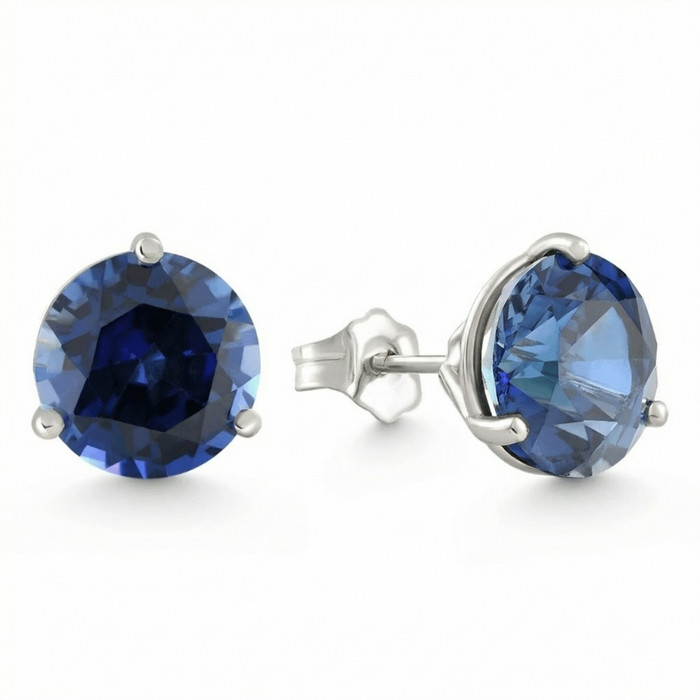 7Ct Round Blue Sapphire Studs 9mm Women's 14k Earring 3 Prong Martini Lab Grown