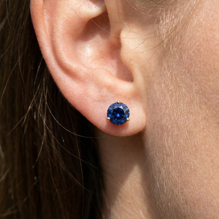 7Ct Round Blue Sapphire Studs 9mm Women's 14k Earring 3 Prong Martini Lab Grown