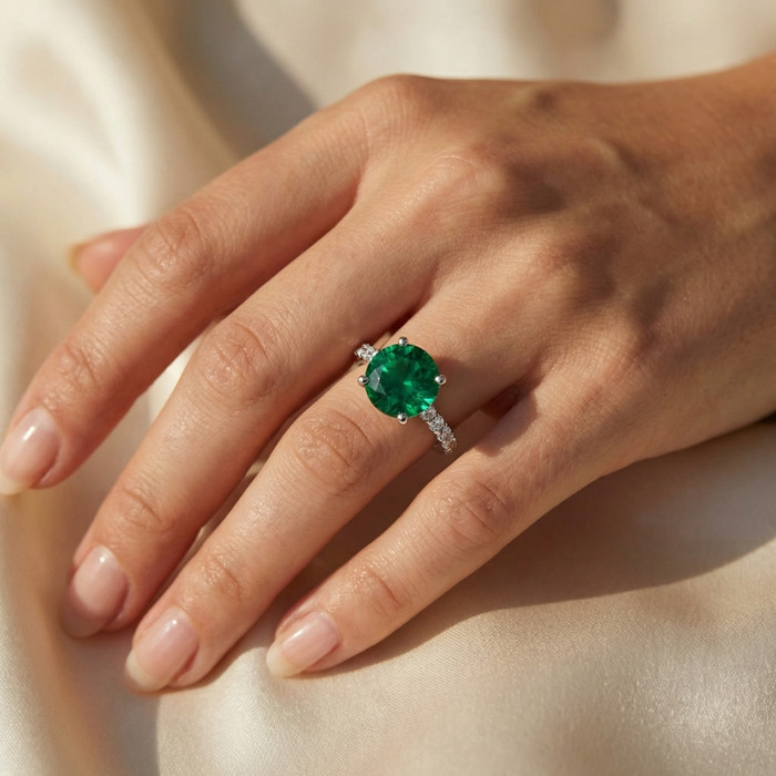 3.20Ct Emerald & Diamond Engagement Ring 14k Gold Lab Grown 9mm Center