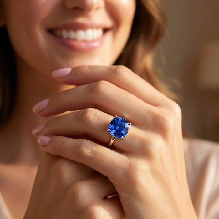 5Ct Cushion Blue Sapphire Solitaire Ring 14k Gold Lab Grown 10MM