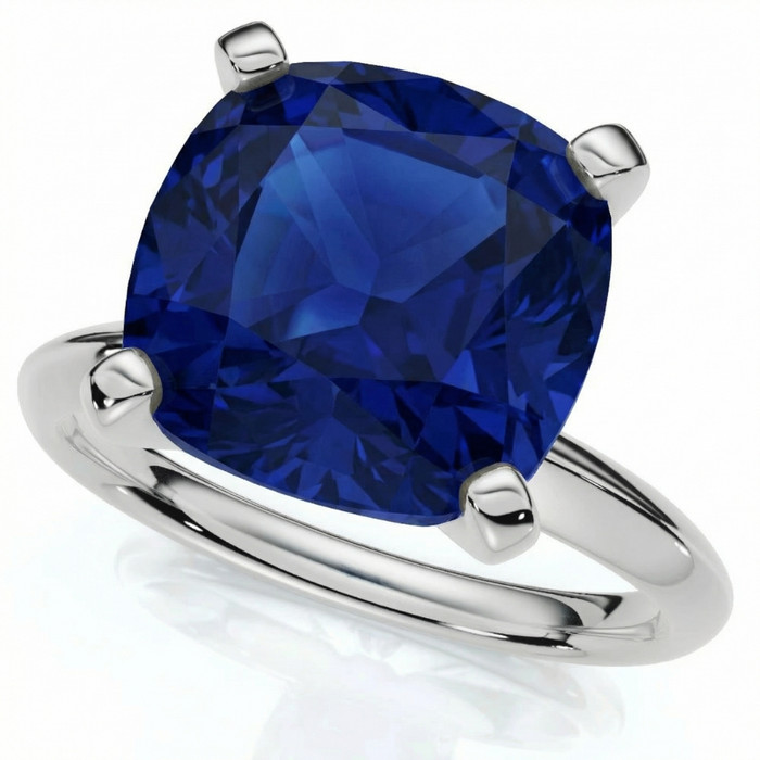 5Ct Cushion Blue Sapphire Solitaire Ring 14k Gold Lab Grown 9MM