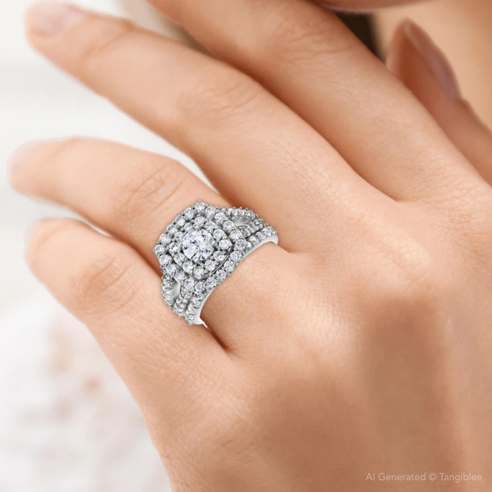 2 Ct Diamond Engagement Halo Engagement Ring Set Lab Grown in Gold or Platinum