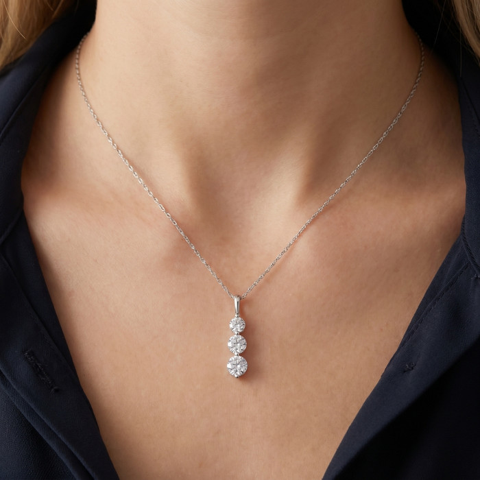 1.00 Ct 3 - Stone Natural Diamond Pendant available in 14K White and Yellow Gold