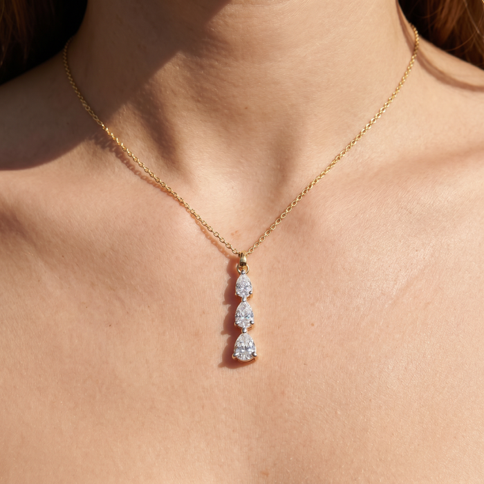 1/2Ct Pear Shape Diamond Three Stone Pendant Yellow Gold Necklace Lab Grown