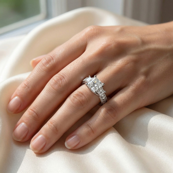 2 3/4CT Princess Cut Three Stone Vintage Diamond Engagement Ring Lab Grown 14k