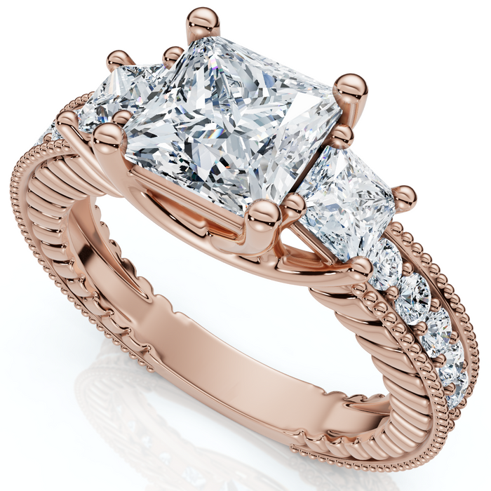 2 3/4CT Princess Cut Three Stone Vintage Diamond Engagement Ring Lab Grown 14k