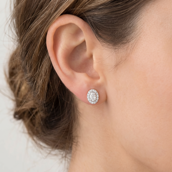 3/4Ct Oval Diamond Halo Earrings in White or Yellow Gold Lab Grown