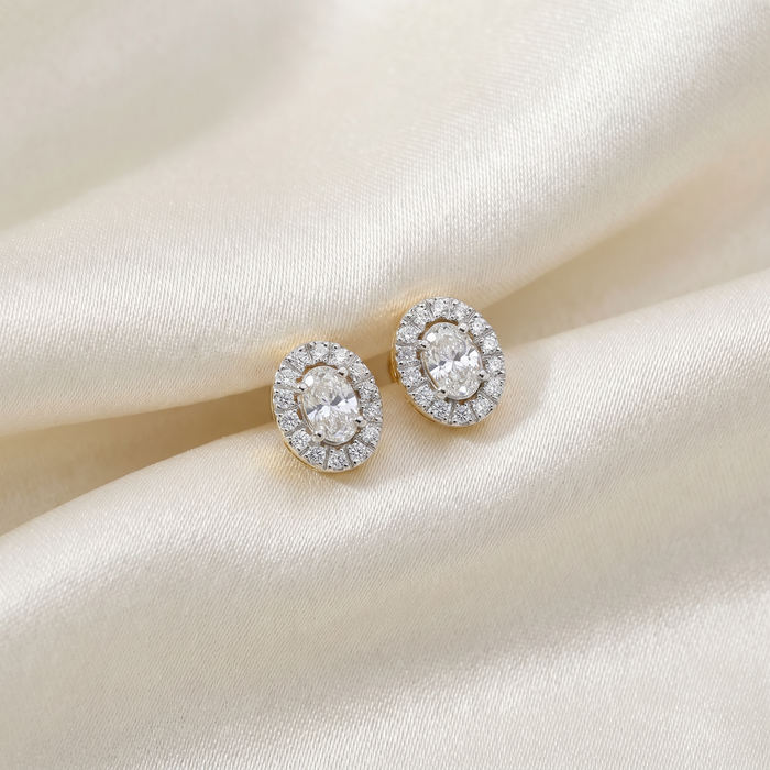 3/4Ct Oval Diamond Halo Earrings in White or Yellow Gold Lab Grown