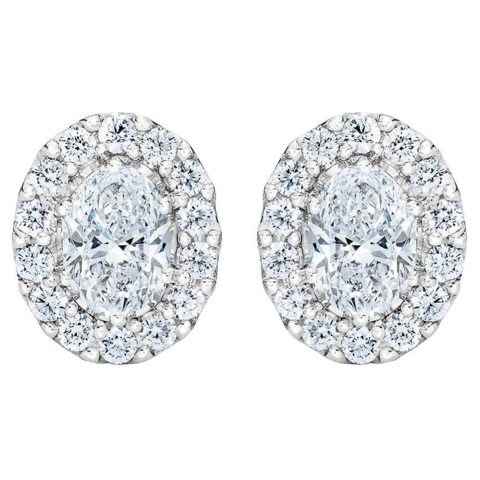 3/4Ct Oval Diamond Halo Earrings in White or Yellow Gold Lab Grown